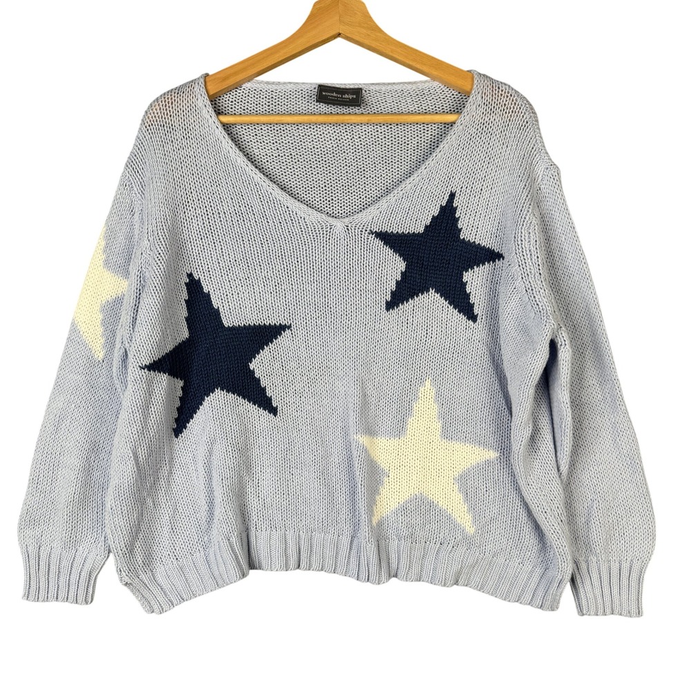 Wooden Ships Star V-Neck Sweater Light Blue Cotton Blend Knit S/M